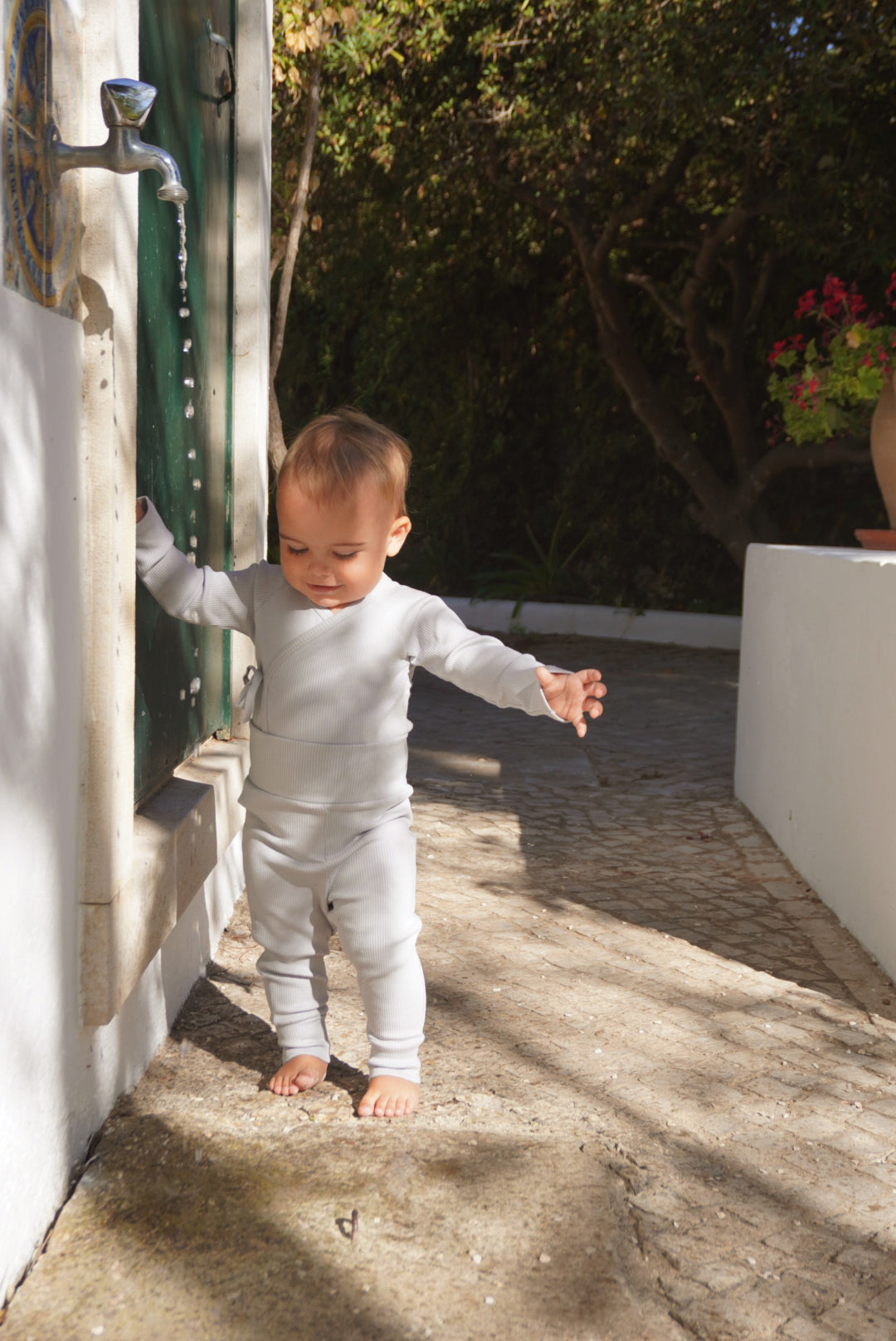 Pantalon bio à côtes pour bébés BLEU CLAIR