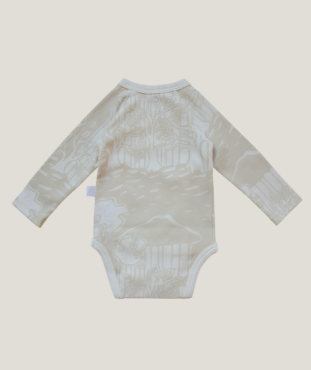 Beautiful soft kimono baby body. Sophisticated print in a  light beige color printed on the softest organic Pima cotton. Great for newborn baby girls and boys.